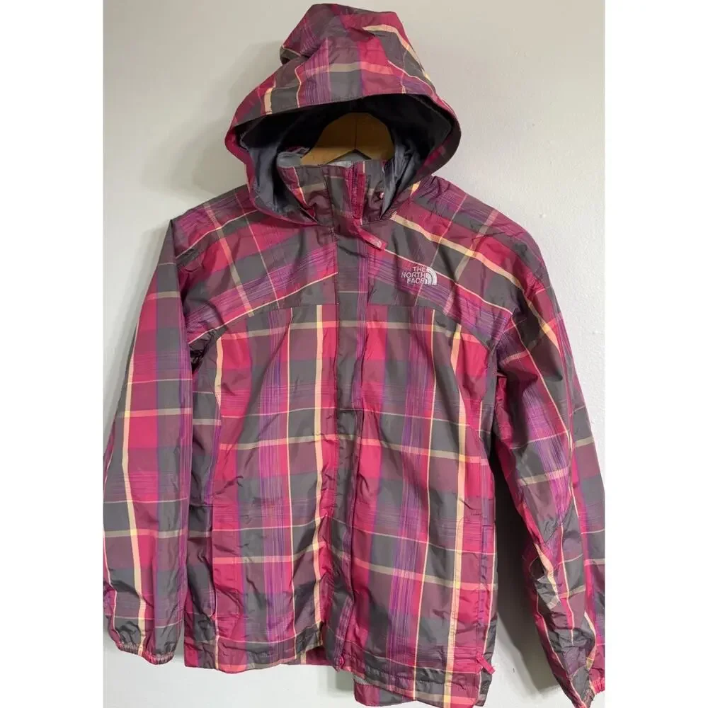 The North Face Hyvent Hooded Rain Jacket Girl Youth XL Pink Plaid Full Zip